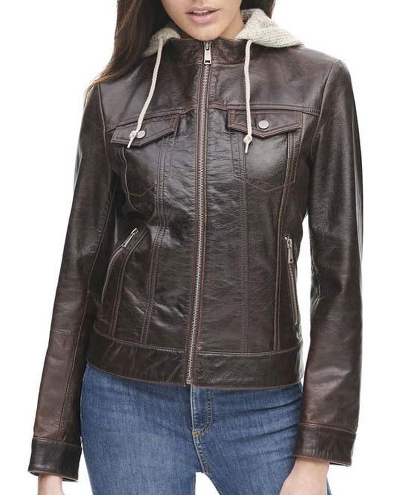 womens leather jacket with removable hood