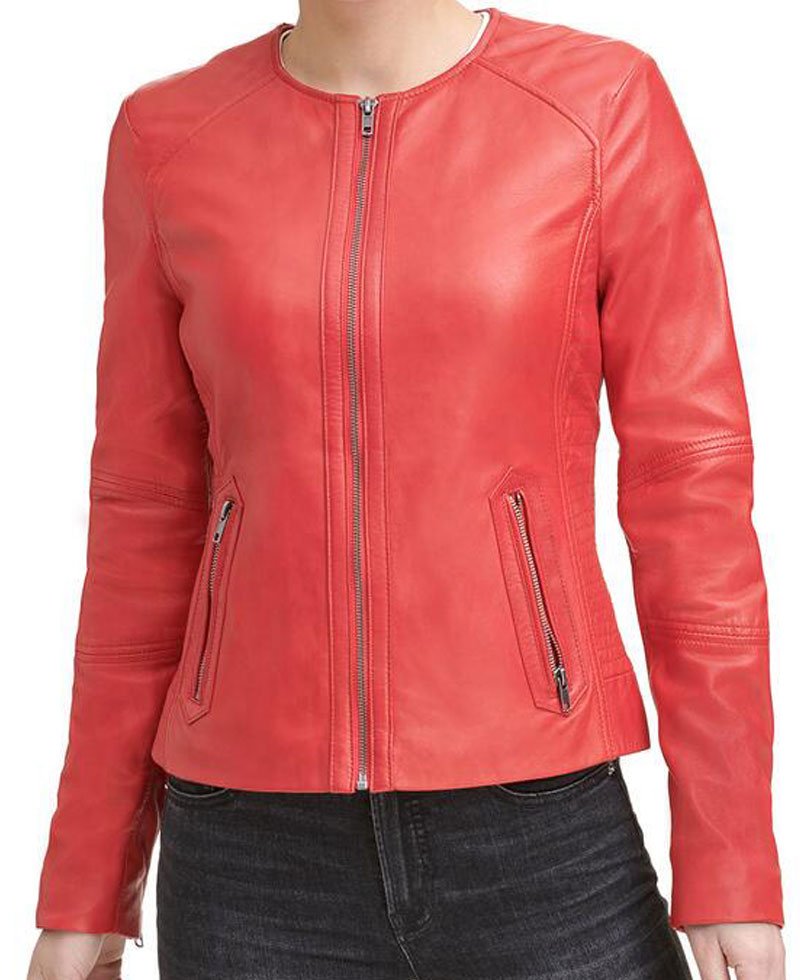 Bright Red Leather Round Neck Jacket